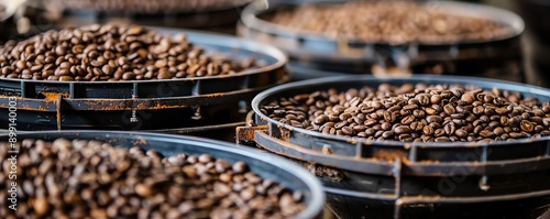 Coffee beans being sorted with traditional sieves, detailed and authentic, Coffee sorting sieve, laborintensive process photo