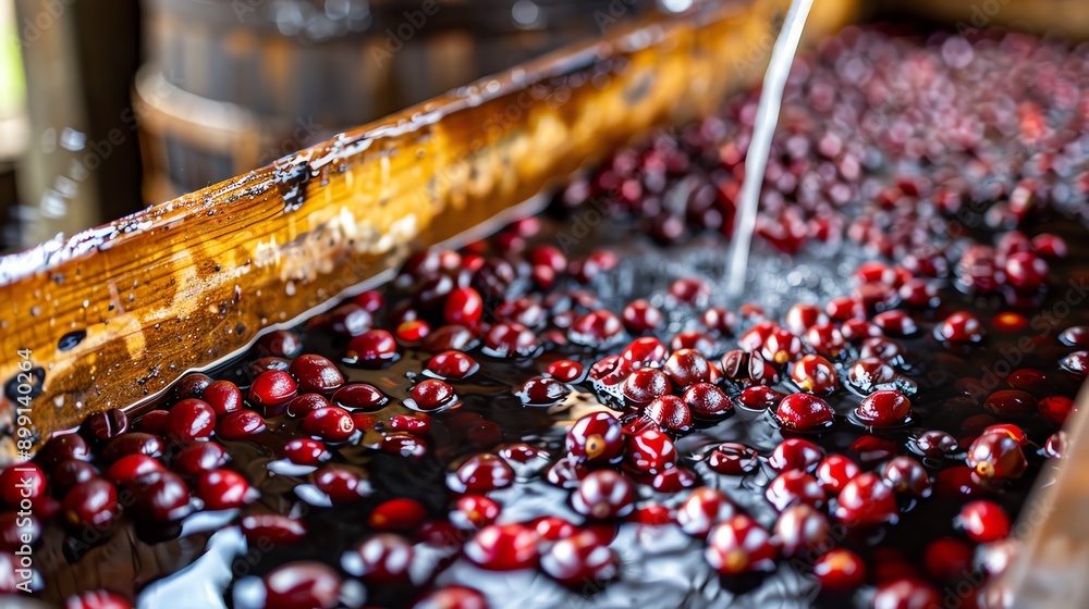 Coffee berries being washed in traditional wooden trough, rustic and detailed, Coffee washing, postharvest care Coffee berries being washed in traditional wooden trough, rustic and detailed, Coffee washing, postharvest care