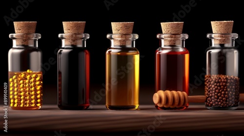 A collection of glass bottles filled with various oils and honey, elegantly arranged on a wooden surface with dark background. photo