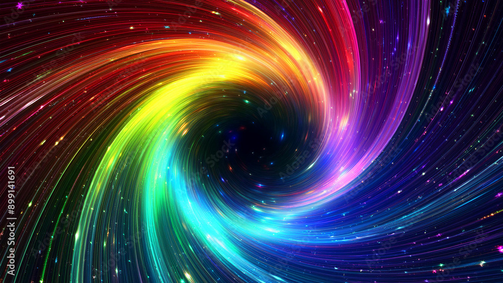 Fototapeta premium レインボーカラーの曲線、渦巻き、スパイラル、光、宇宙（生成AI、generated by AI）背景はダーク