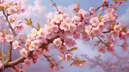 Delicate Pink Cherry Blossoms Under a Cloudy Sky © racesy