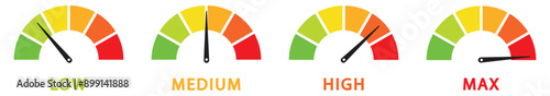 Risk meter icon set. Scale Low, Medium or High risk on speedometer. Risk concept on speedometer. Set of gauges from low to high. Minimum to Maximum. Vector illustration. eps 10