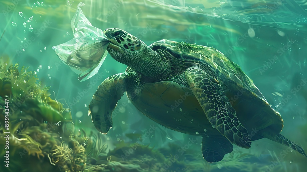 Fototapeta premium Underwater animal a turtle eating plastic bag, Water Environmental Pollution Problem --ar 16:9 Job ID: 09d1ed3a-a086-4f68-895d-7544600207fc