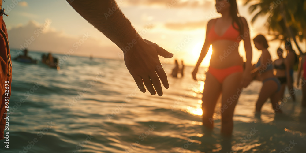Fototapeta premium Tropical Beach Sunset with People Enjoying the Water and Sunlight