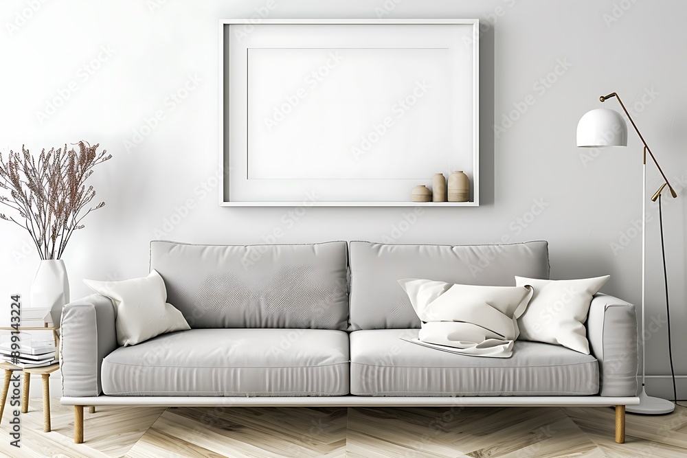 Elegant room showcasing a Scandinavian sofa in soft pink and a white empty frame on the wall. Elegant room showcasing a Scandinavian sofa in soft pink and a white empty frame on the wall.