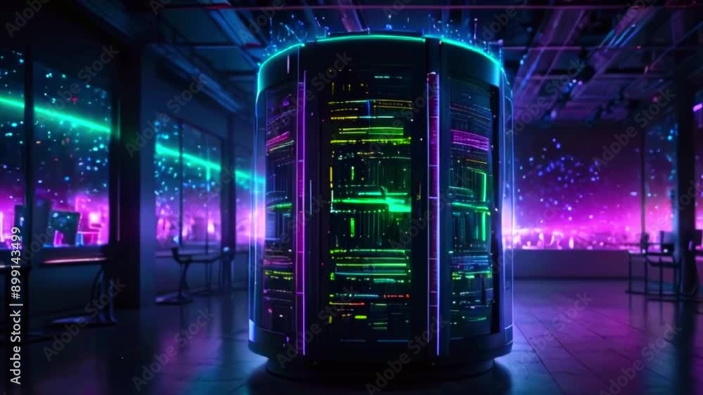 The video shows a large server rack with glowing green and purple lights in a dark room. There are multiple computers in the background. The video shows a large server rack with glowing green and purple lights in a dark room. There are multiple computers in the background.