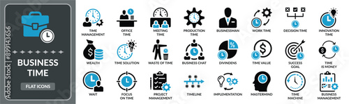 Business time icon set. Set of time management, time line, time value flat icons EPS10- Stock Vector