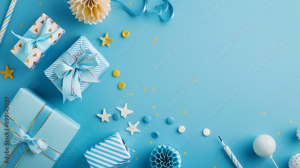 Fototapeta premium Birthday party supplies on blue background