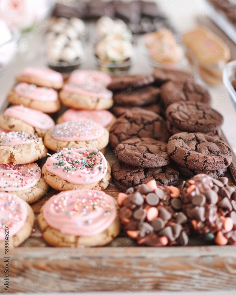 Variety of Chocolate Cookies on Wooden Platter - Close-Up Dessert Selection with Pink Frosting, Chocolate Chips, and Sprinkles - Daytime, Bright, Inviting