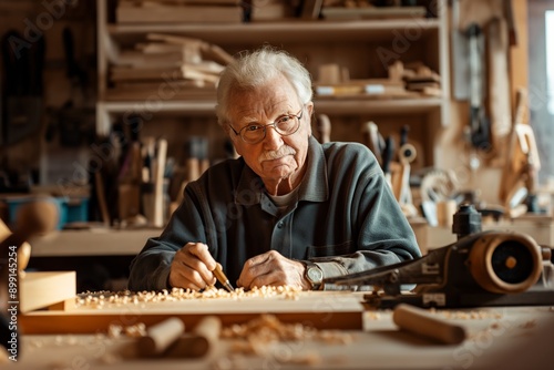 Elderly man woodworking in cozy workshop, focused and engaged in detailed carving, hobby, skill development, craftsmanship concept