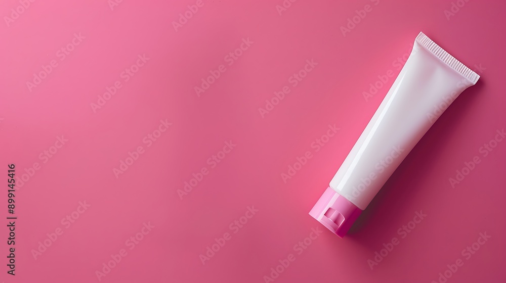 Blank white tube of toothpaste cream or gel laying on pink background Blank white tube of toothpaste cream or gel laying on pink background