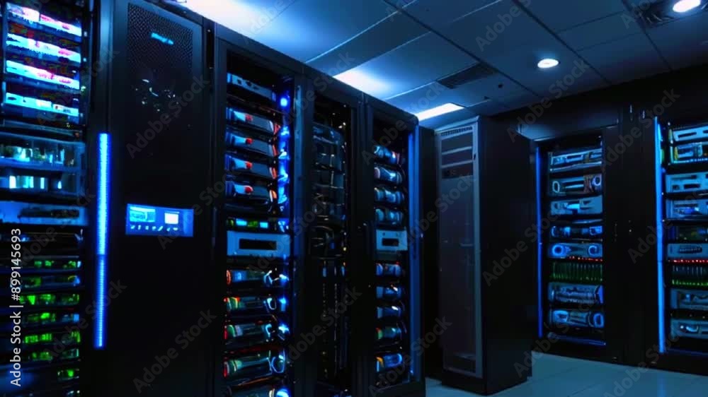The video shows a server room with rows of tall, black metal cabinets, each containing multiple server units. There are bright, white lights on the ceiling. The video shows a server room with rows of tall, black metal cabinets, each containing multiple server units. There are bright, white lights on the ceiling.