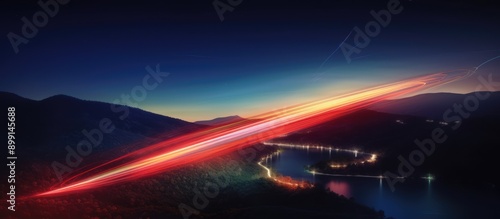 the speed of the missile's flash of light, on the hill, the night sky background, red, blue light Long photo