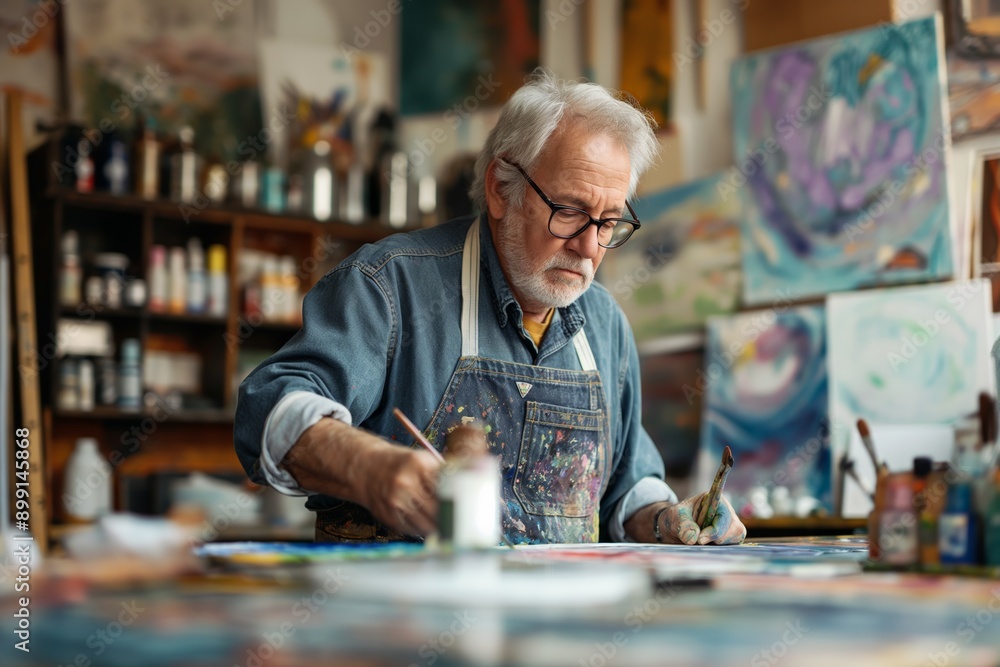Elderly artist painting in studio, senior man creating art, aged painter at work, creative expression, artistic hobby concept Elderly artist painting in studio, senior man creating art, aged painter at work, creative expression, artistic hobby concept