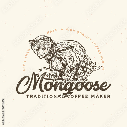 Hand drawn vector design with mongoose coffee mascot for coffee logo