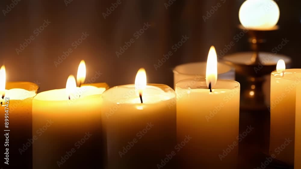A row of pillar candles arranged on the altar providing a soft and soothing light. A row of pillar candles arranged on the altar providing a soft and soothing light.