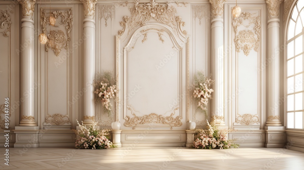 Elegant Room with Ornate Walls and Flowers Elegant Room with Ornate Walls and Flowers