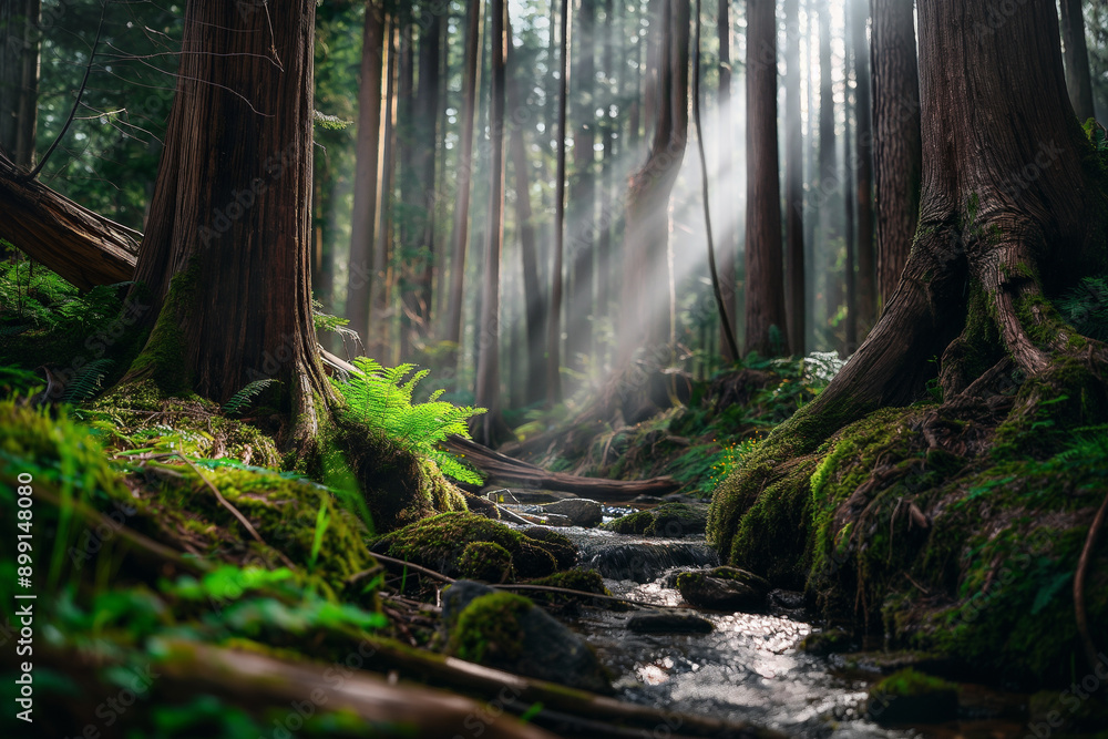 Fototapeta premium Sunlight Beams Through Trees in a Serene Forest.