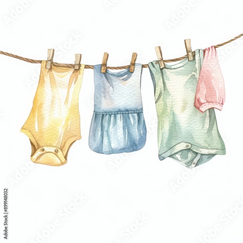 A charming watercolor illustration of baby clothes hanging on a line, perfect for nursery decor or children's fashion themes. © Aquarii