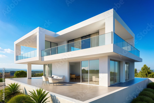 Close up of luxury house white villa with balcony terrace over blue sky. Minimalist architecture background with copy space.