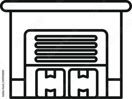 Line drawing of a warehouse building with closed roller shutter door containing cardboard boxes, concept of storage and transportation