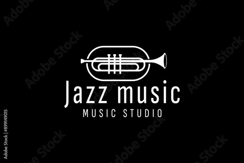 Trumpet logo design, generate melody, musical jazz instrument vector sketch illustration
