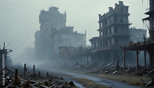 Crumbling, post-apocalyptic cityscape shrouded in mist photo