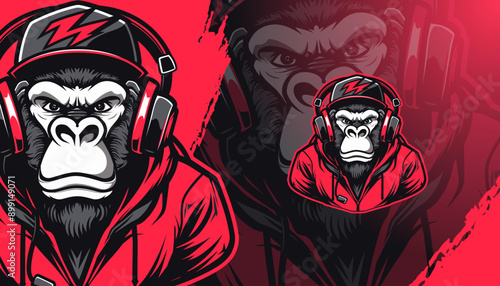 Gamer Ape with headset mascot logo for Sport and E-Sport Gaming Teams. Gorilla monkey ape streamer logo