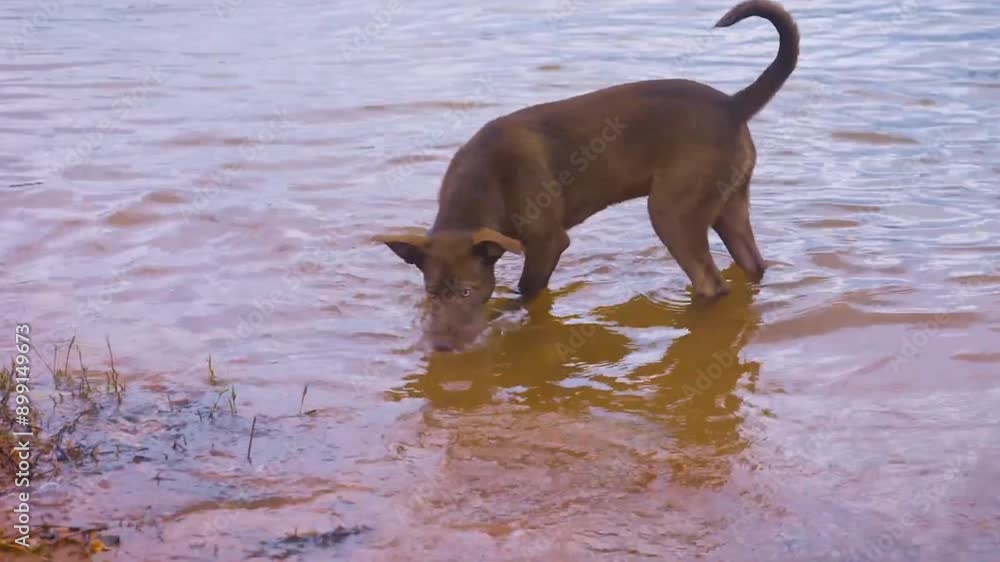 A dog is drinking water in the river A dog is drinking water in the river