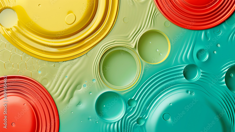 Set of abstract 3D liquid fluid circles in yellow mustard, green mint ...