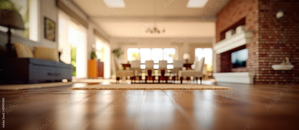 blurred bokeh view Spacious villa interior with brick wall effect blurred bokeh view Spacious villa interior with brick wall effect