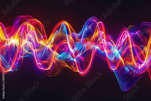 Vibrant light waves in dynamic motion create an abstract visual of energy and rhythm against a dark background.