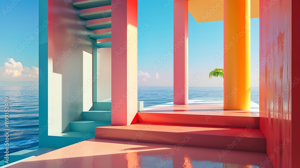 colourful walls with steps and geometric shapes Ocean view from the door of a virtual space