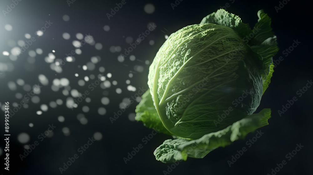 Fototapeta premium Fresh Cabbage with Water Droplets Under Mystical Lights