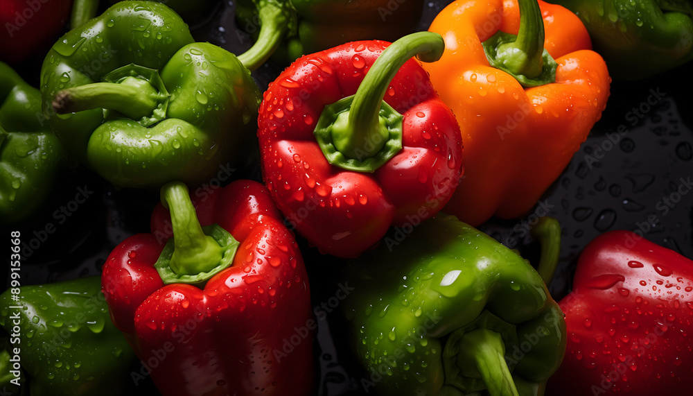 Fresh Red Bell Peppers with Water Droplets Close-Up Fresh Red Bell Peppers with Water Droplets Close-Up
