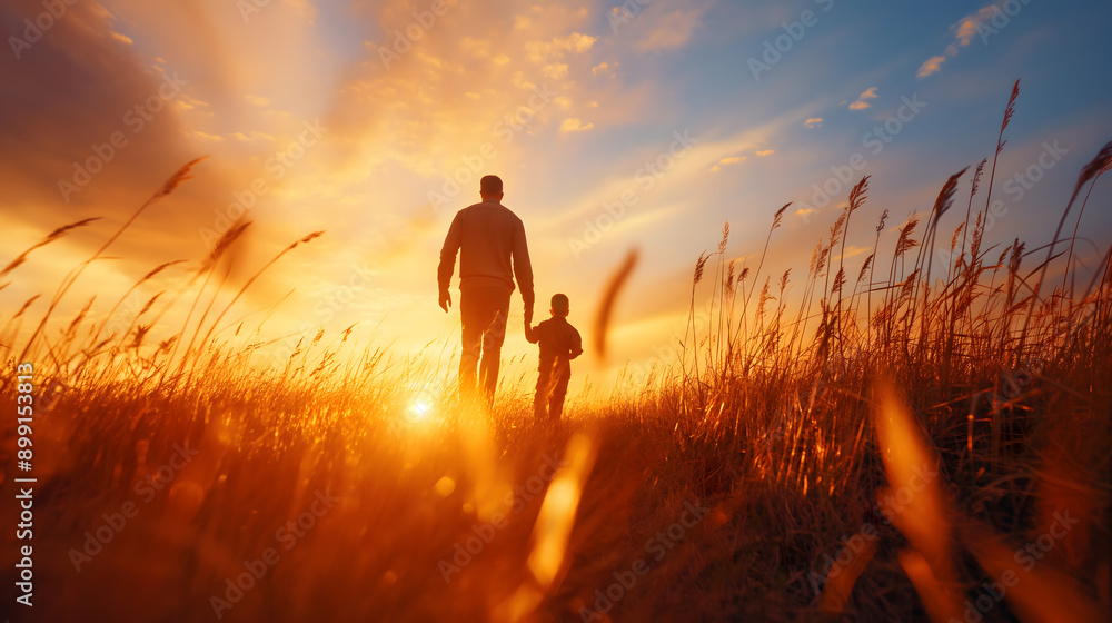 Fototapeta premium Silhouettes of Father and Children at Sunset in Field