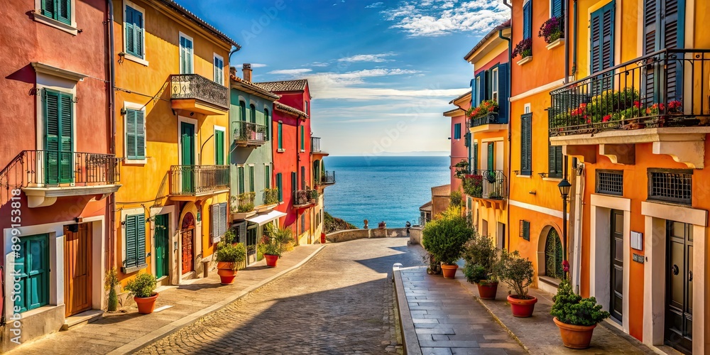 Fototapeta premium Mediterranean street lined with colorful buildings overlooking the sea, Mediterranean, street, buildings, colorful, sea