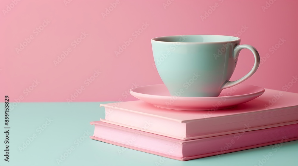 Cup on stack book in pastel pink background Cup on stack book in pastel pink background