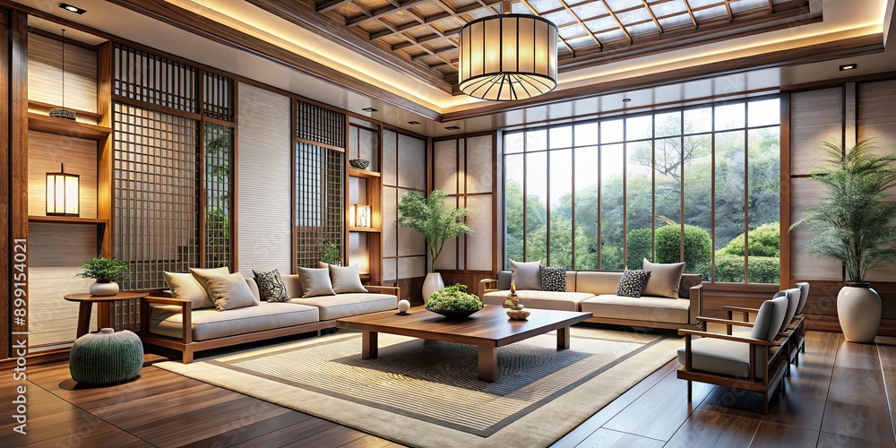Modern Chinese style living room with large window, minimalist design, wooden furniture Modern Chinese style living room with large window, minimalist design, wooden furniture