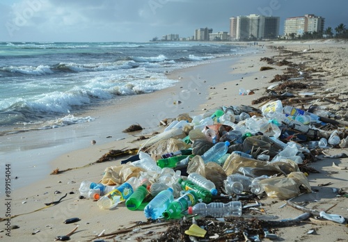 A polluted beach littered with plastic bottles, bags, and other trash washed ashore photo