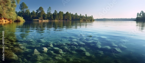 Large panorama of green lake, blue caste at dawn, sunlight shadows on the water