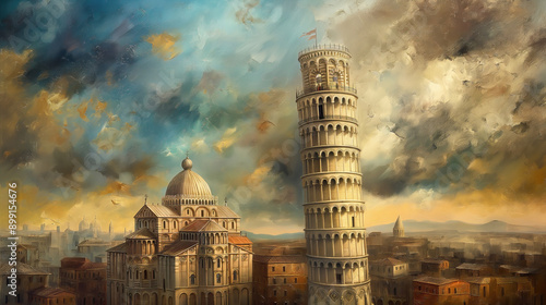 classic traditional renaissance oil painting illustration of leaning Tower of Pisa