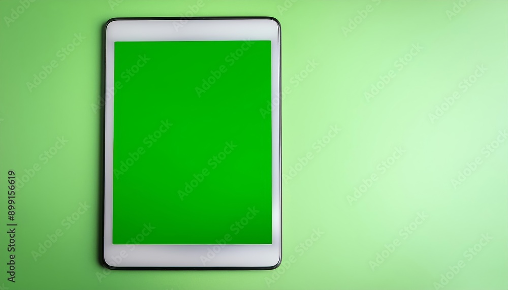 White tablet computer with green screen isolated on green background, top view. White tablet computer with green screen isolated on green background, top view.