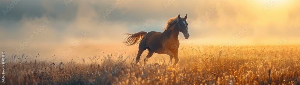 A majestic horse galloping through a golden field at sunrise, embodying freedom and natural beauty. A majestic horse galloping through a golden field at sunrise, embodying freedom and natural beauty.