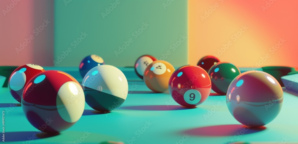 3D illustration of pool balls on a table in a game concept with game UI ...