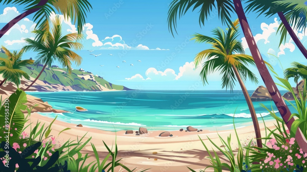 Fototapeta premium Tropical Beach Paradise: Palm Trees, White Sand, and Crystal Clear Ocean