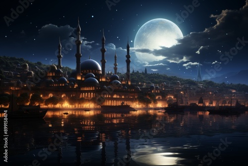 Nighttime View of a City with Mosques under a Full Moon