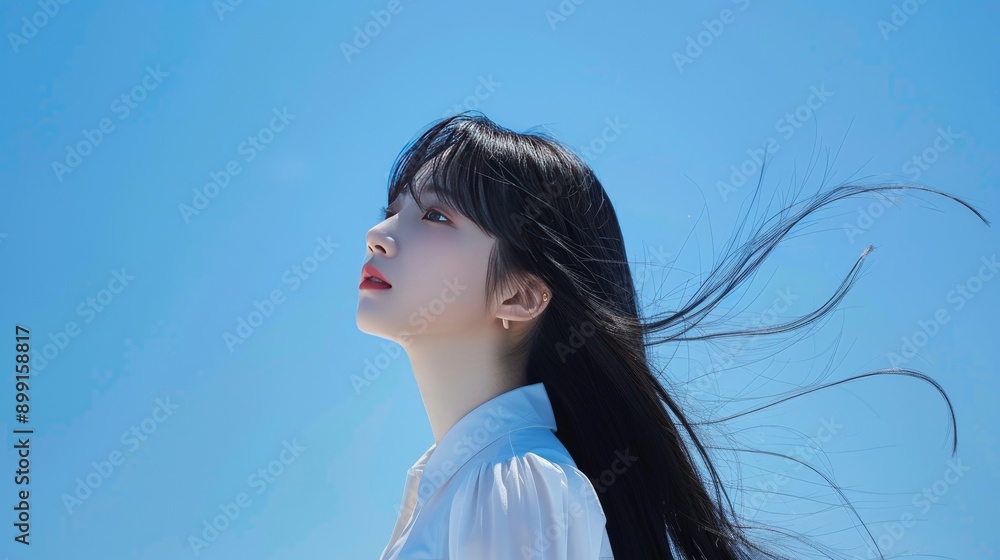 Beautiful Korean girl in white, half body portrait, long black hair with bangs, light blue background, profile shot Beautiful Korean girl in white, half body portrait, long black hair with bangs, light blue background, profile shot