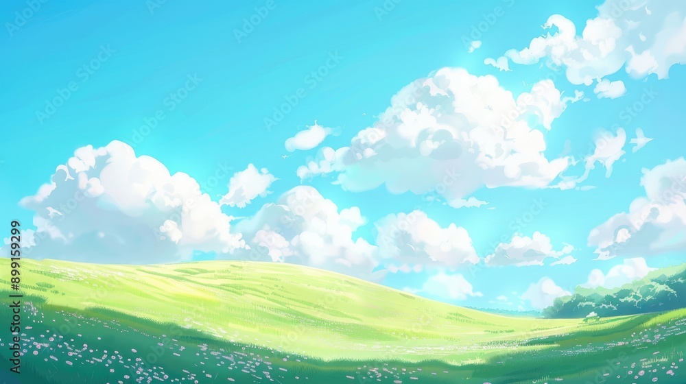 Bright, colorful hill with rounded edges and faint grass, light blue sky, white clouds, in a cute anime style with 3D matte texture Bright, colorful hill with rounded edges and faint grass, light blue sky, white clouds, in a cute anime style with 3D matte texture