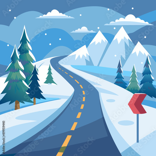 A winter scene of an asphalt road partially covered in snow, with a visible direction arrow, highlighting the challenges and choices in adverse conditions vector backgrounds